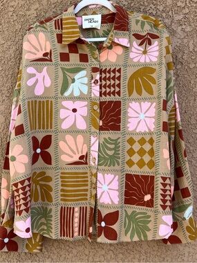 Paper Heart Linen Patchwork Floral Button Shirt Womens 12 Boho Mixed Media Top